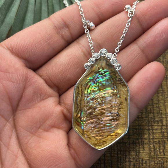 Vintage Iridescent Pendant Necklace/ Silver Chain and Yellow Gold Tone Pendant - Picture 3 of 7